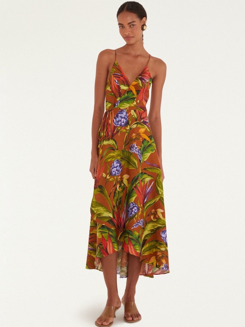 NWT FARM RIO Florart Linen Sleeveless Plunge Midi Dress